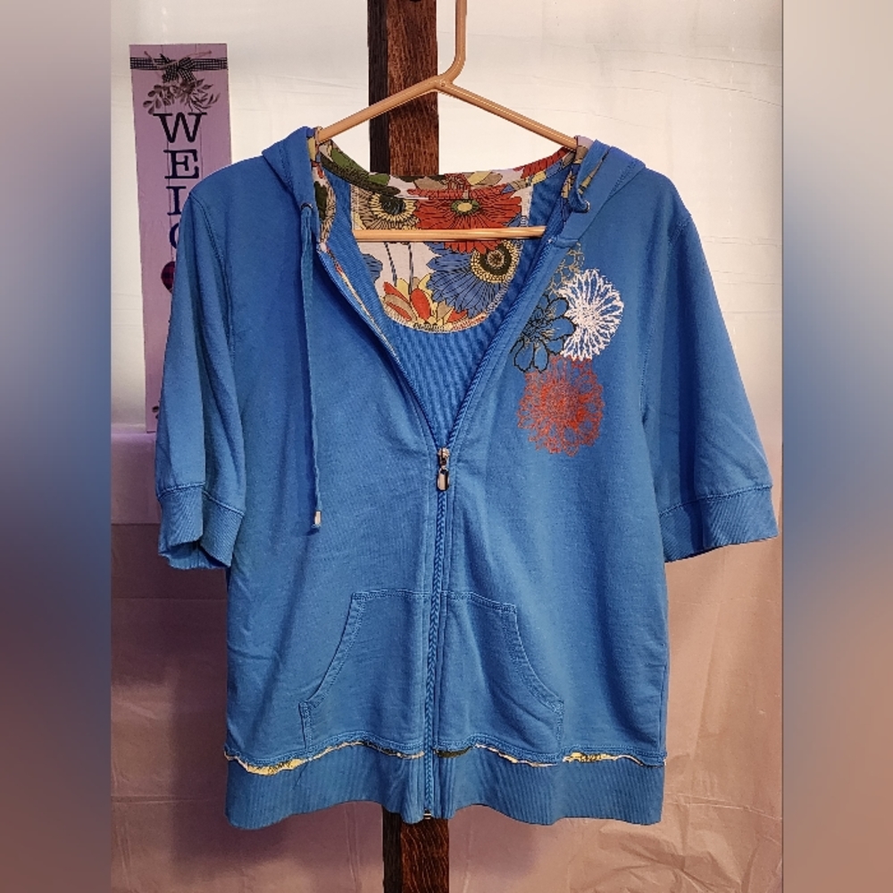Beach Vibes 3/4 sleeve blue zip up sweatshirt with flower accents